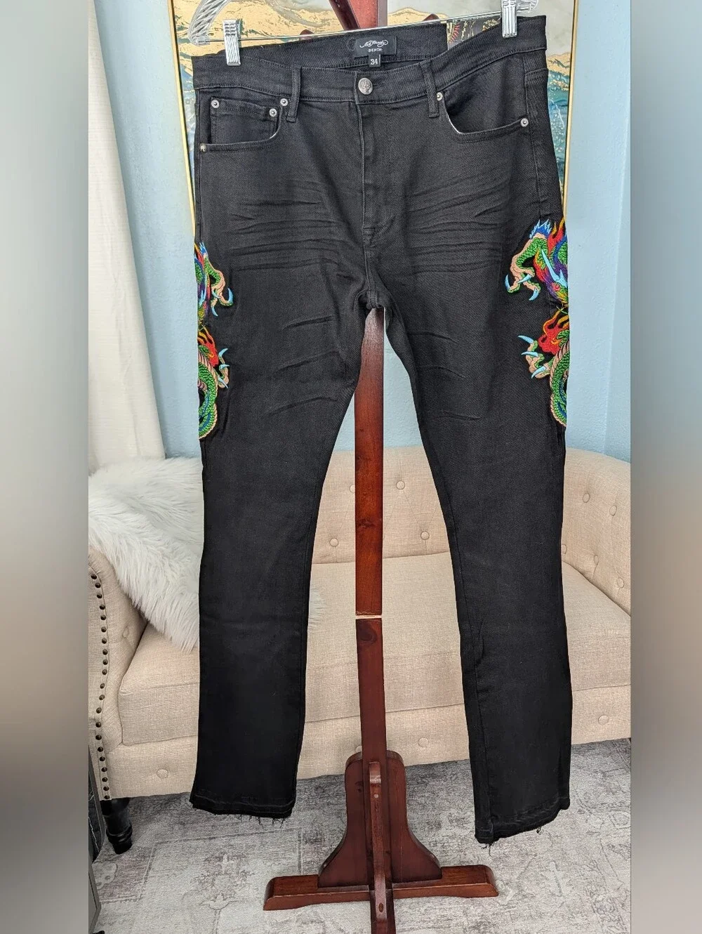 NEW Ed Hardy Men's Black Dragon Embroidered Jeans Sz 34